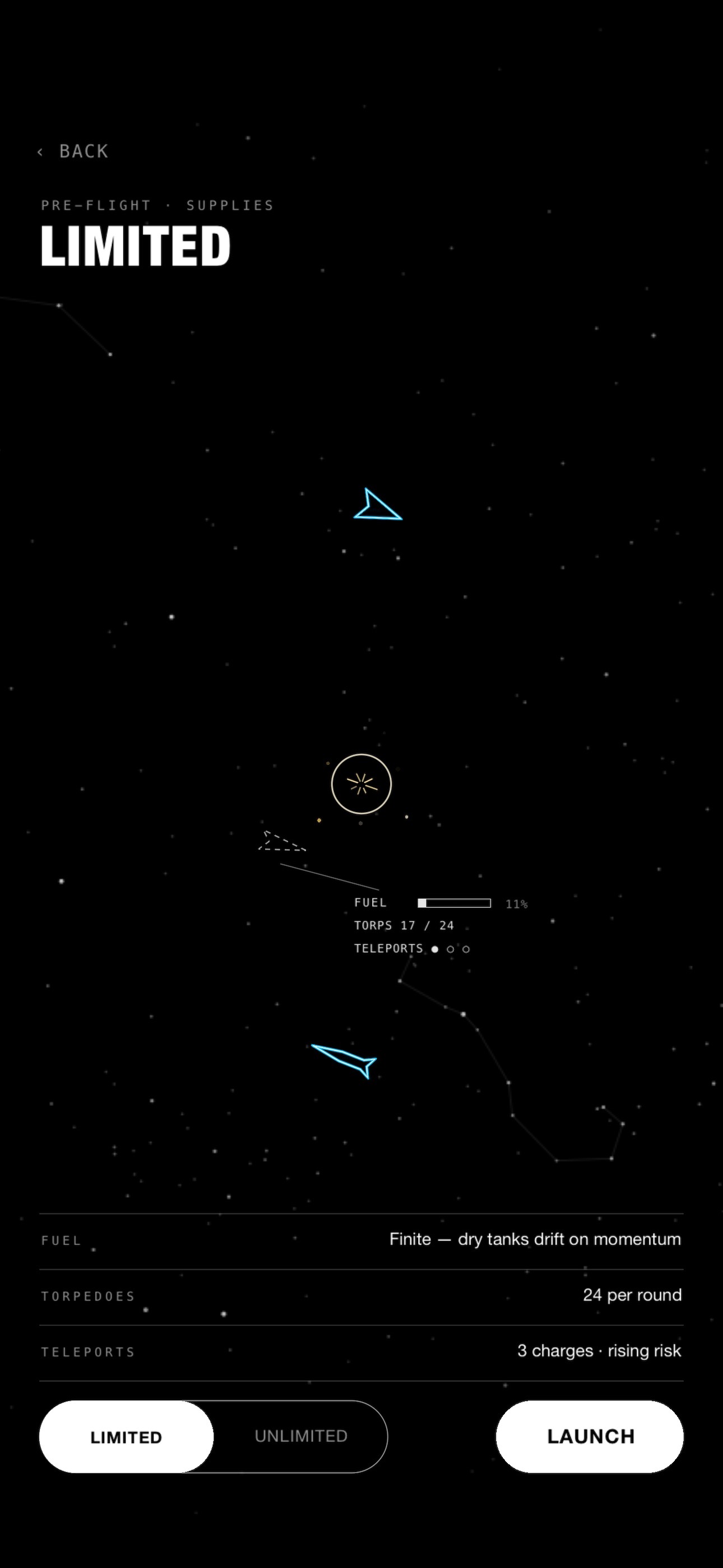 Needle vs Wedge LIMITED pre-flight screen showing finite fuel, 24 torpedoes, and three hyperspace charges