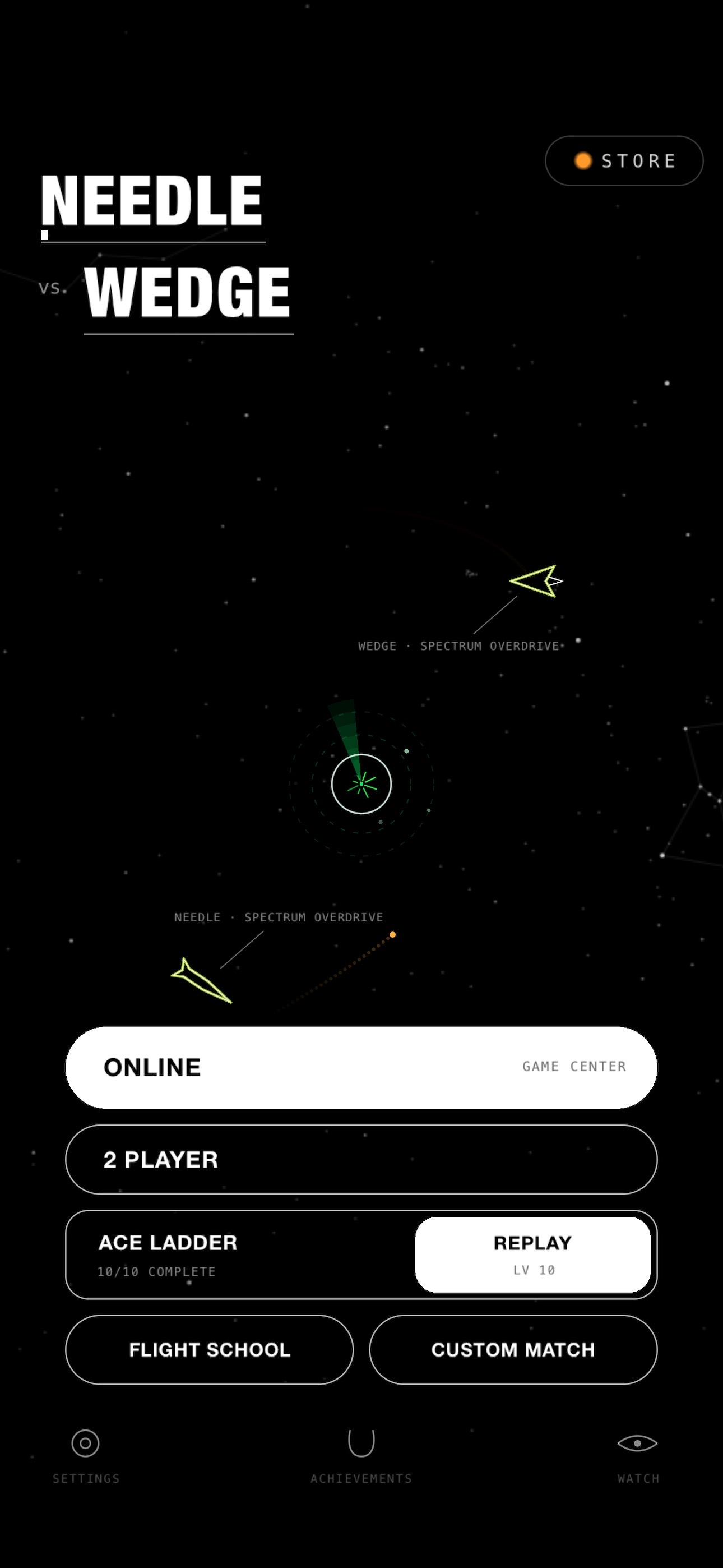 Needle vs Wedge title screen showing Online, local 2 Player, Ace Ladder, Flight School, and Custom Match